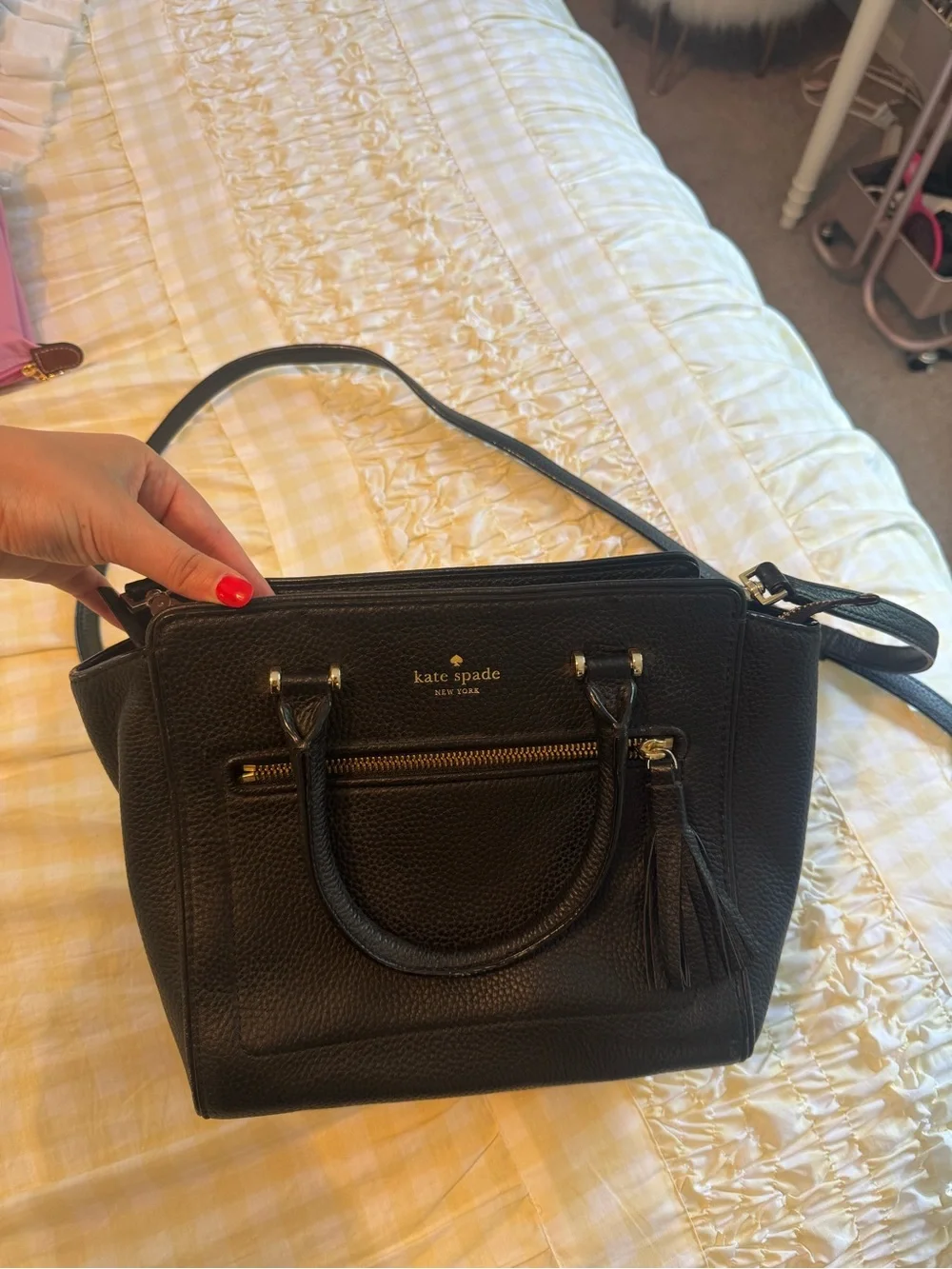 kate spade Black Pebble Leather Satchel with Tassel